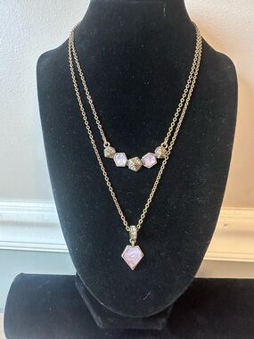Layered Gold-Tone Necklace with Pink/ purple Gem Accents & pave crystals C&I